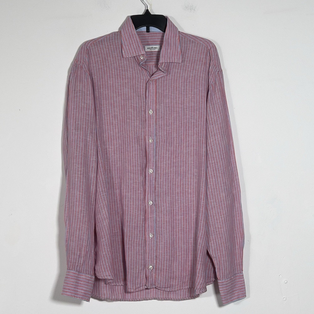 NeroSFumato Positano Linen Shirt Mens Sz‎ XXL Pink Striped Long Sleeve